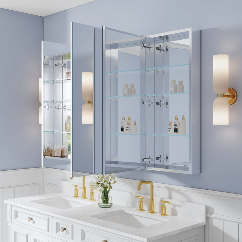 56 in. ×36 in. Copper-Free Tri-Views Mirror Medicine Cabinet with Adjustable Shelves and 3 Doors
