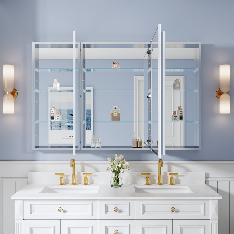 56 in. ×36 in. Copper-Free Tri-Views Mirror Medicine Cabinet with Adjustable Shelves and 3 Doors