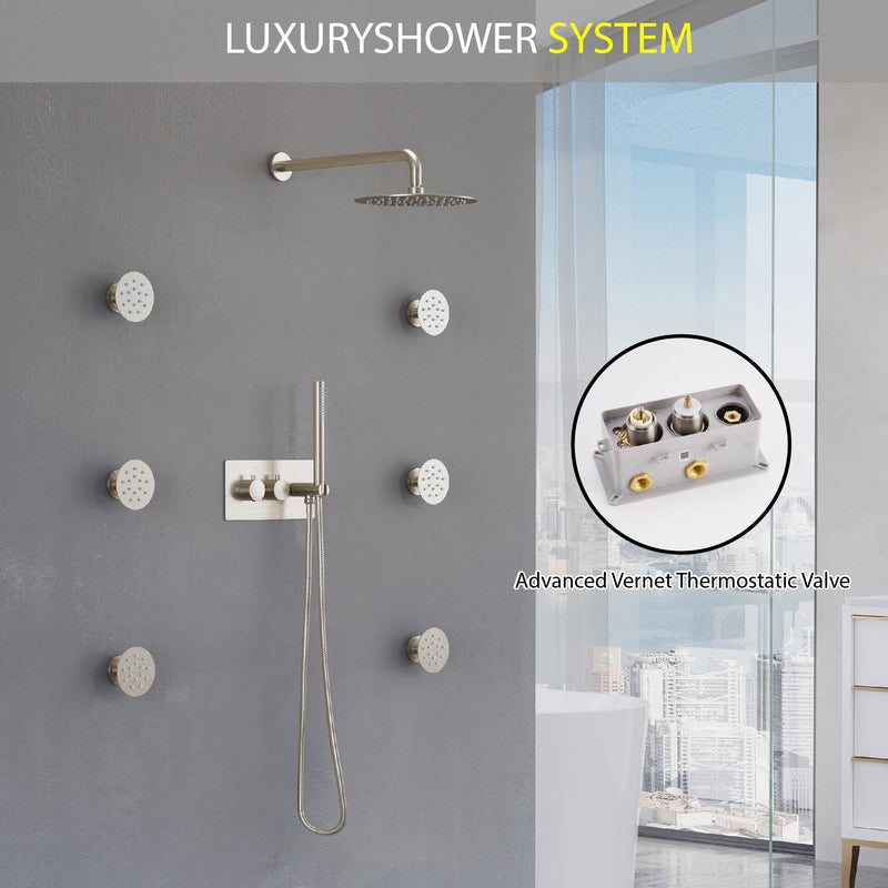 Thermostatic 3-Function Shower System with 10" Ultra-Thin Round Shower Head, Handheld & Body Jets, Solid 304 Stainless Steel