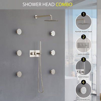 Thermostatic 3-Function Shower System with 10" Ultra-Thin Round Shower Head, Handheld & Body Jets, Solid 304 Stainless Steel