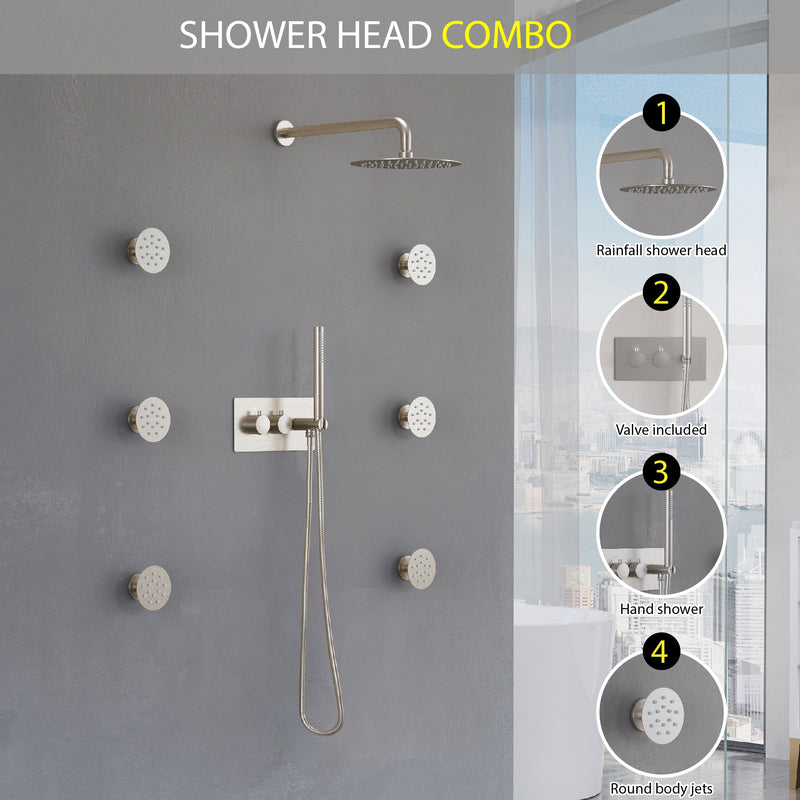 Thermostatic 3-Function Shower System with 10" Ultra-Thin Round Shower Head, Handheld & Body Jets, Solid 304 Stainless Steel