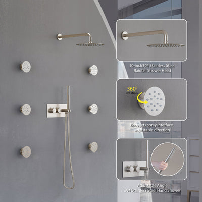 Thermostatic 3-Function Shower System with 10" Ultra-Thin Round Shower Head, Handheld & Body Jets, Solid 304 Stainless Steel