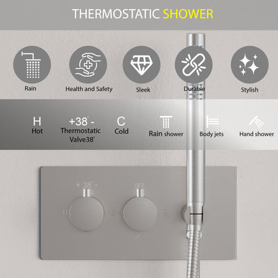 Thermostatic 3-Function Shower System with 10" Ultra-Thin Round Shower Head, Handheld & Body Jets, Solid 304 Stainless Steel