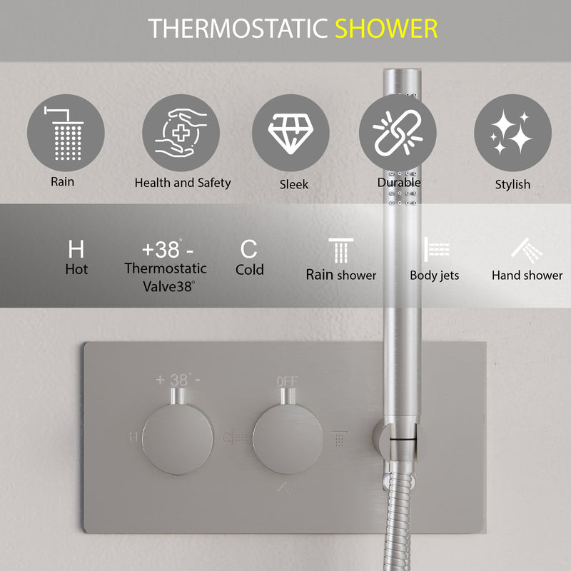 Thermostatic 3-Function Shower System with 10" Ultra-Thin Round Shower Head, Handheld & Body Jets, Solid 304 Stainless Steel