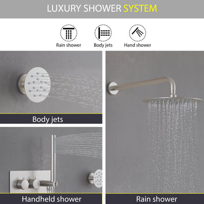 Thermostatic 3-Function Shower System with 10" Ultra-Thin Round Shower Head, Handheld & Body Jets, Solid 304 Stainless Steel