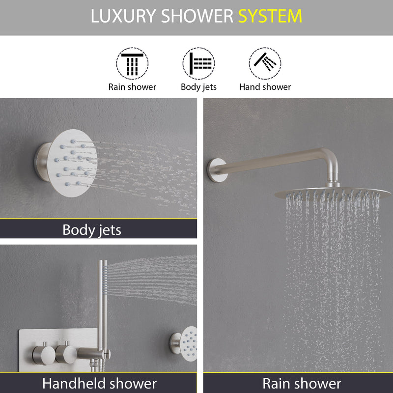 Thermostatic 3-Function Shower System with 10" Ultra-Thin Round Shower Head, Handheld & Body Jets, Solid 304 Stainless Steel