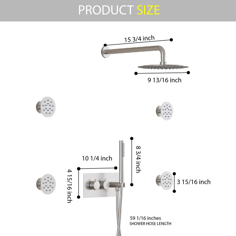 Thermostatic 3-Function Shower System with 10" Ultra-Thin Round Shower Head, Handheld & Body Jets, Solid 304 Stainless Steel