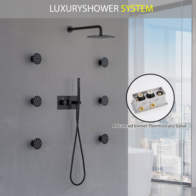 Thermostatic 3-Function Shower System with 10" Ultra-Thin Round Shower Head, Handheld & Body Jets, Solid 304 Stainless Steel