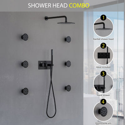 Thermostatic 3-Function Shower System with 10" Ultra-Thin Round Shower Head, Handheld & Body Jets, Solid 304 Stainless Steel
