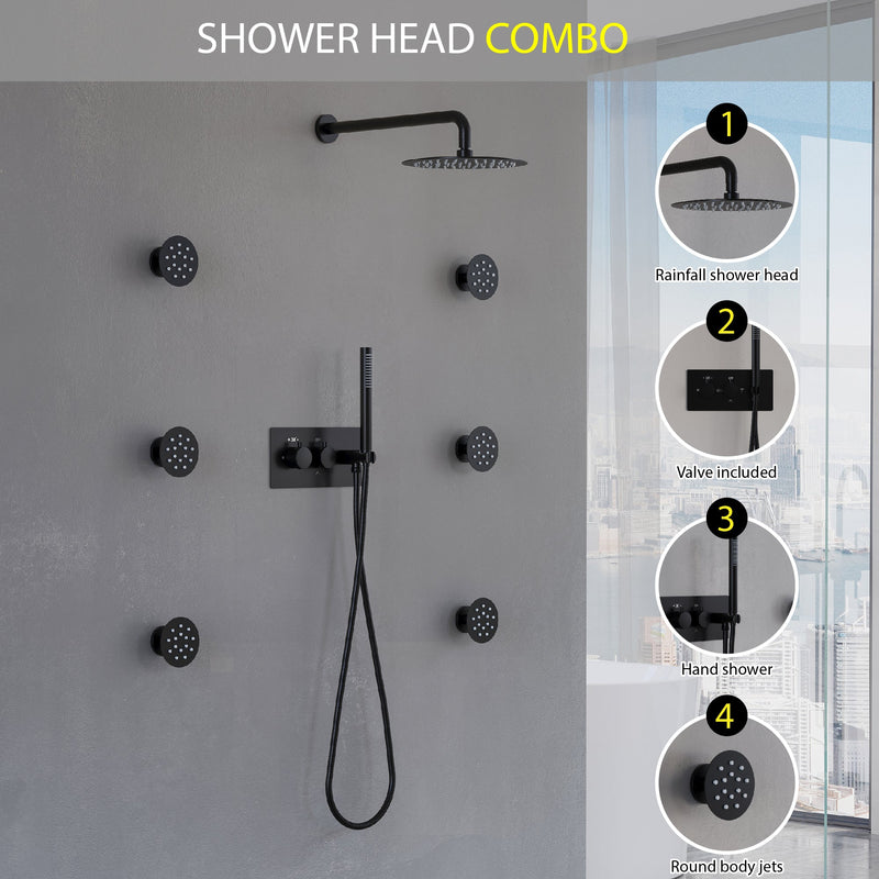 Thermostatic 3-Function Shower System with 10" Ultra-Thin Round Shower Head, Handheld & Body Jets, Solid 304 Stainless Steel