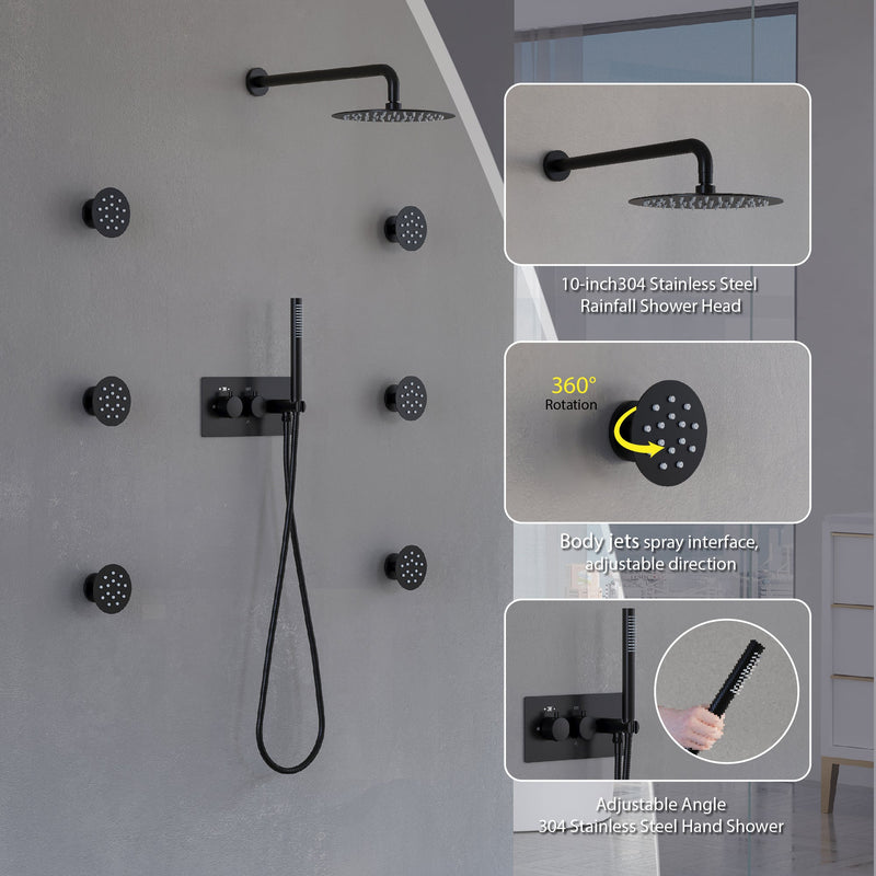 Thermostatic 3-Function Shower System with 10" Ultra-Thin Round Shower Head, Handheld & Body Jets, Solid 304 Stainless Steel