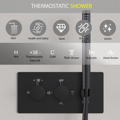 Thermostatic 3-Function Shower System with 10" Ultra-Thin Round Shower Head, Handheld & Body Jets, Solid 304 Stainless Steel