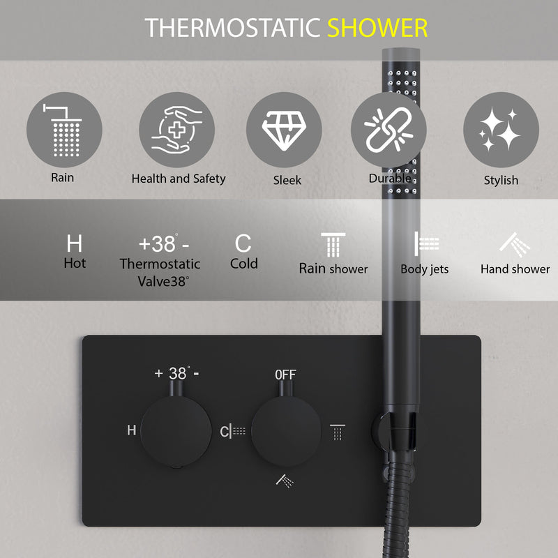 Thermostatic 3-Function Shower System with 10" Ultra-Thin Round Shower Head, Handheld & Body Jets, Solid 304 Stainless Steel