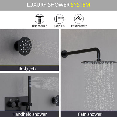 Thermostatic 3-Function Shower System with 10" Ultra-Thin Round Shower Head, Handheld & Body Jets, Solid 304 Stainless Steel