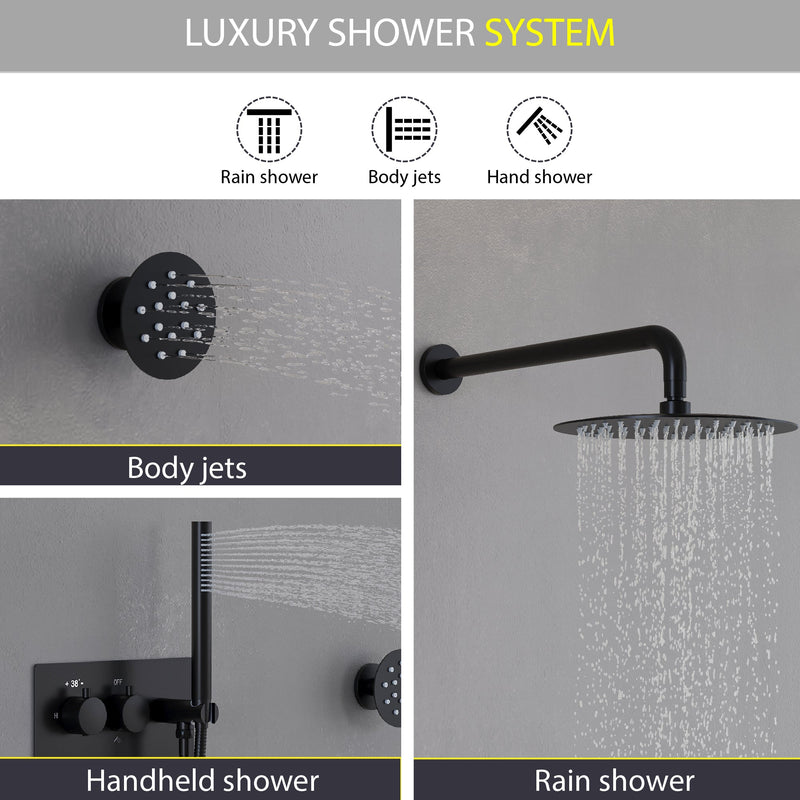 Thermostatic 3-Function Shower System with 10" Ultra-Thin Round Shower Head, Handheld & Body Jets, Solid 304 Stainless Steel