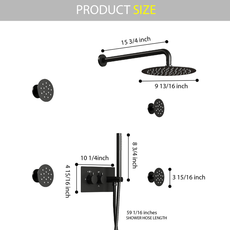 Thermostatic 3-Function Shower System with 10" Ultra-Thin Round Shower Head, Handheld & Body Jets, Solid 304 Stainless Steel