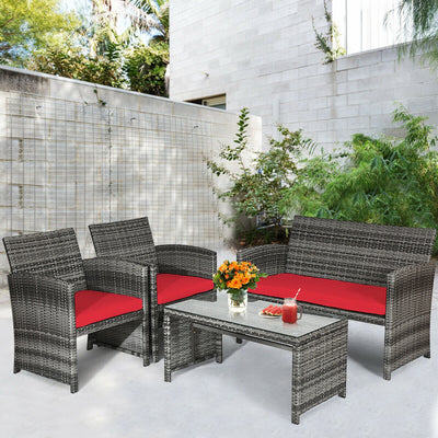 4 Pieces Patio Rattan Furniture Set with Glass Table and Loveseat