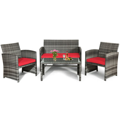 4 Pieces Patio Rattan Furniture Set with Glass Table and Loveseat