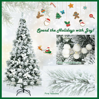 5'/ 6'/ 7'/ 8' Snow Flocked Hinged Christmas Tree with Berries and Poinsettia Flowers