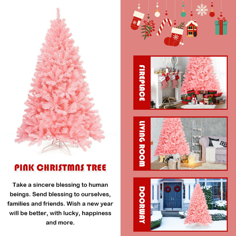 6 ft Pink Artificial Hinged Spruce Full Christmas Tree with Foldable Metal Stand