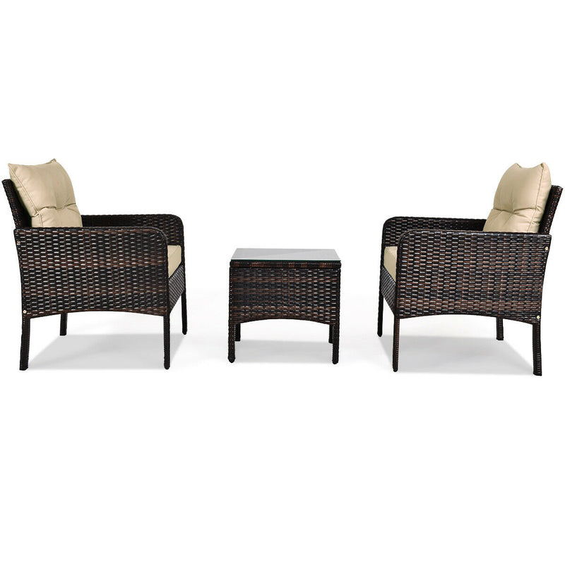 3 Pieces Outdoor Patio Rattan Conversation Set with Seat Cushions