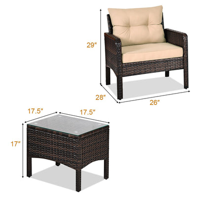 3 Pieces Outdoor Patio Rattan Conversation Set with Seat Cushions