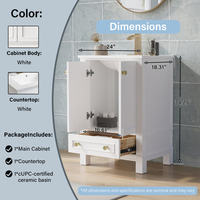 24 Inch Solid Wood Bathroom Vanity with cUPC Ceramic Basin, Soft-Close Doors, Gold Anodized Aluminum Handles
