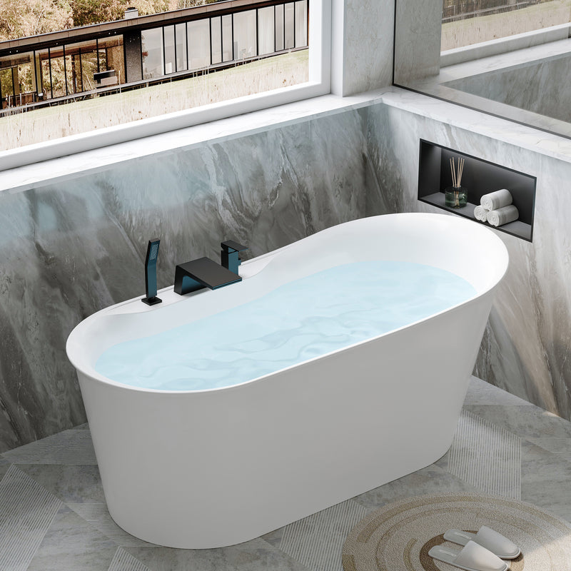 66 Freestanding Glossy White Acrylic Bathtub with Overflow and Drainage