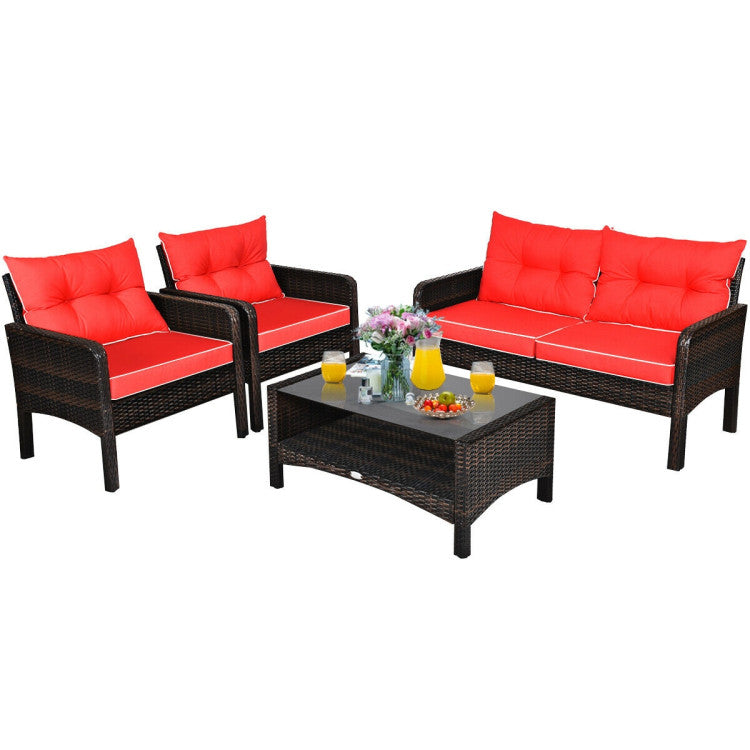 4 Pieces Patio Rattan Free-Combination Sofa Set with Cushion and Coffee Table