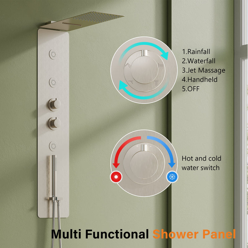 Luxury Thermostatic 4-Function Stainless Steel Shower System with Ultra-Thin Dual-Function Rainfall Head, Handheld, Body Jets