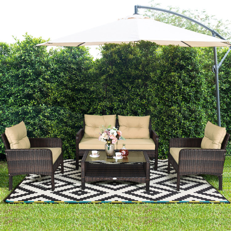 4 Pieces Patio Rattan Free-Combination Sofa Set with Cushion and Coffee Table