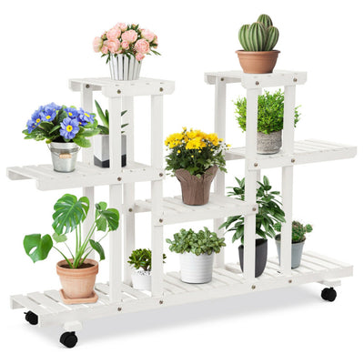4-Tier Wood Casters Rolling Shelf Plant Stand-White