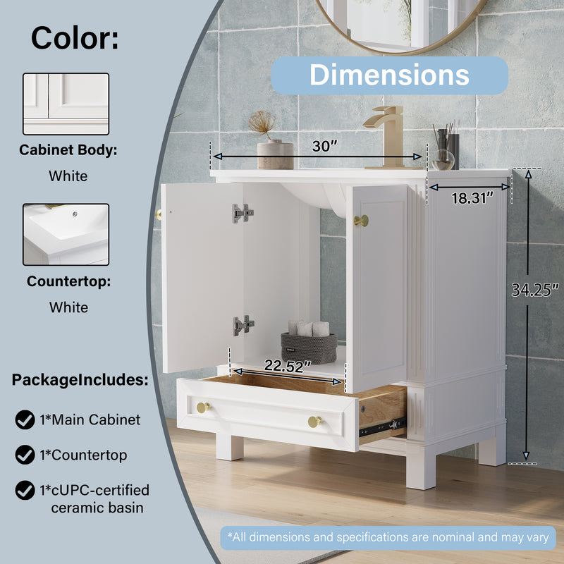 30 Inch Solid Wood Bathroom Vanity with cUPC Ceramic Basin, Soft-Close Doors, Gold Anodized Aluminum Handles