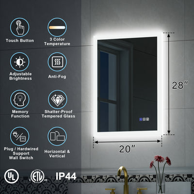 20-in W x 28-in H LED Lit Mirror Rectangular Fog Free Frameless Bathroom Vanity Mirror