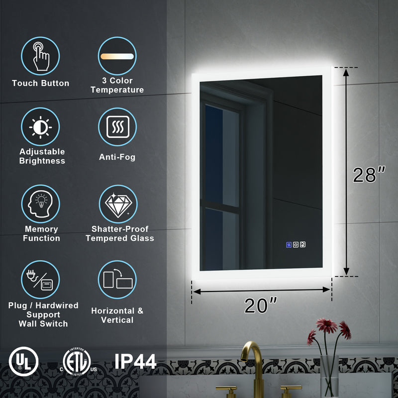 20-in W x 28-in H LED Lit Mirror Rectangular Fog Free Frameless Bathroom Vanity Mirror