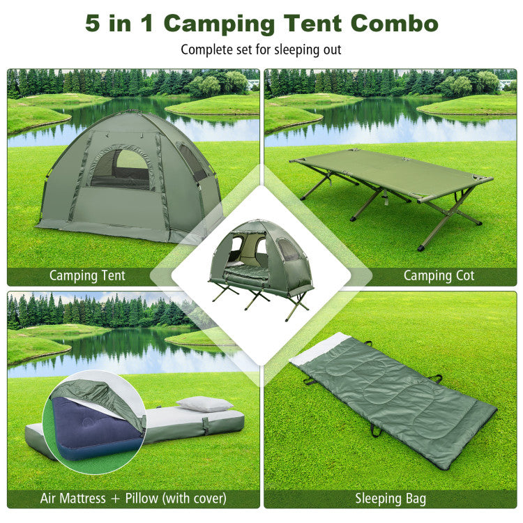 1-Person Folding Camping Tent with Sunshade and Air Mattress