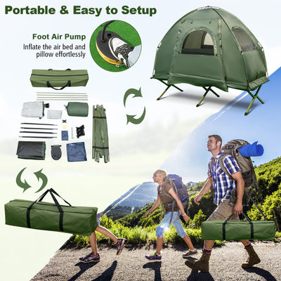 1-Person Folding Camping Tent with Sunshade and Air Mattress