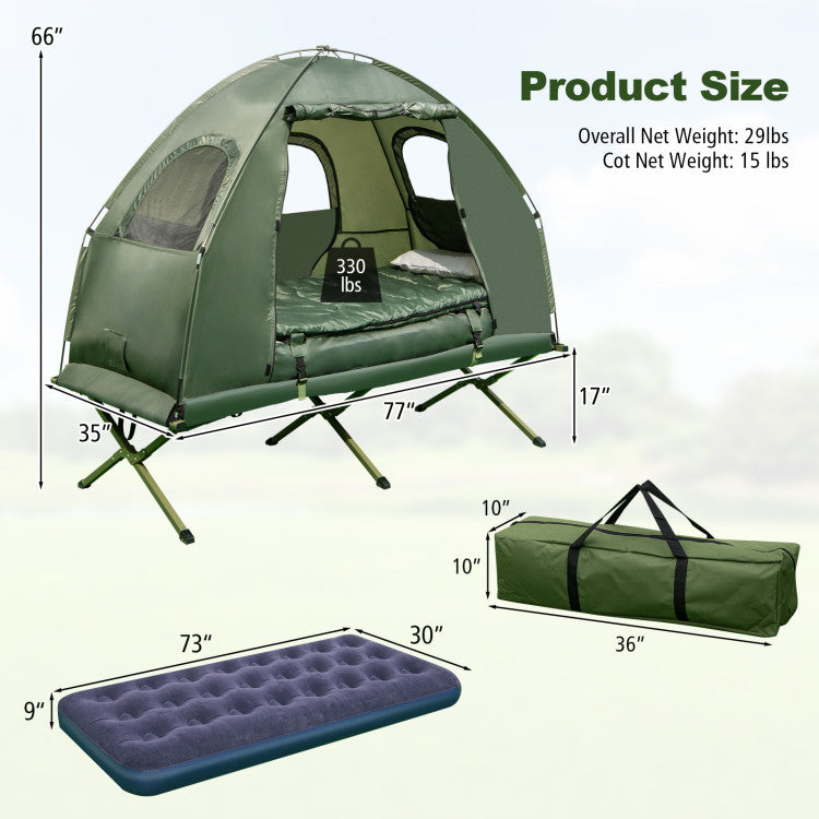 1-Person Folding Camping Tent with Sunshade and Air Mattress