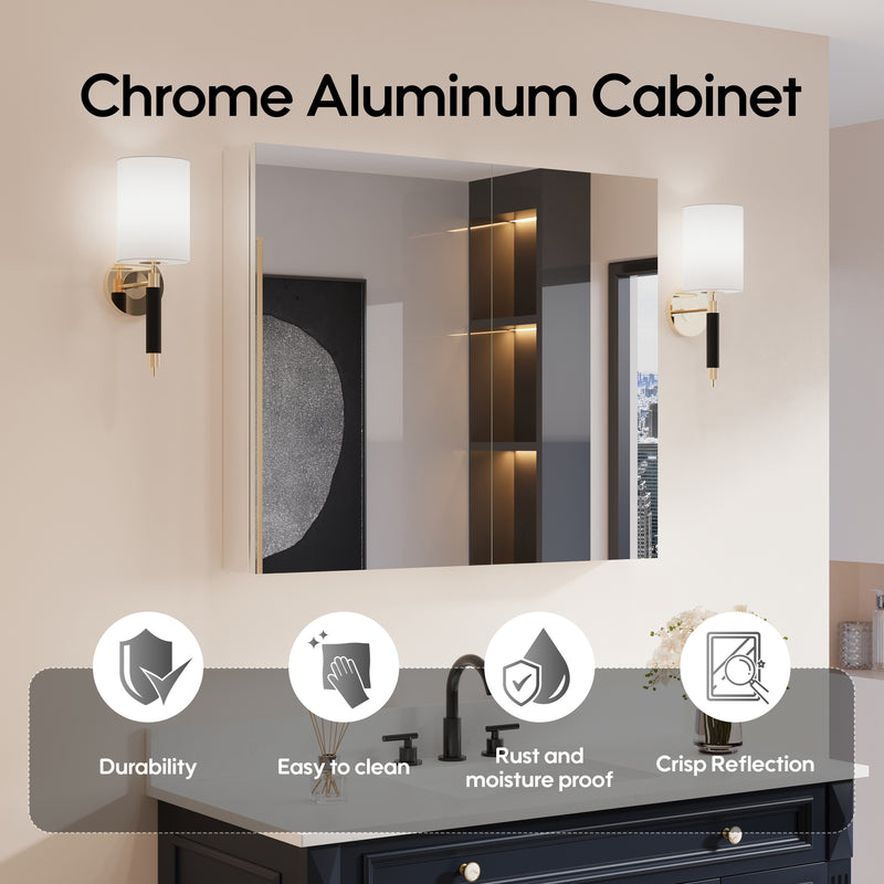 36 in. ×30 in. Copper-Free Tri-Views Mirror Medicine Cabinet with Adjustable Shelves and Dual Swing Doors