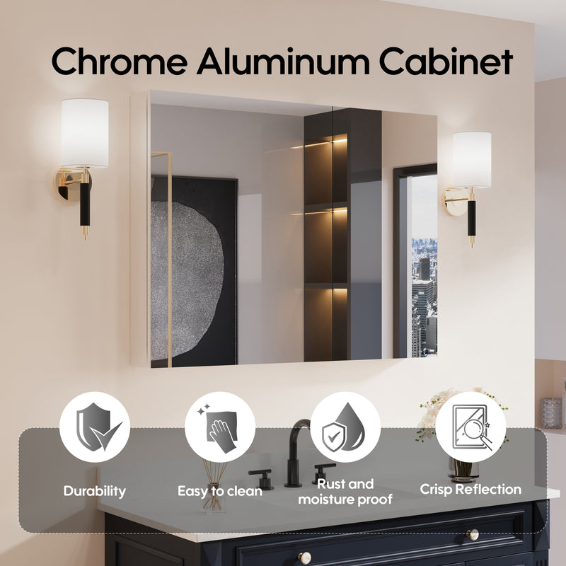 40 in. ×30 in. Copper-Free Tri-Views Mirror Medicine Cabinet with Adjustable Shelves and Dual Swing Doors
