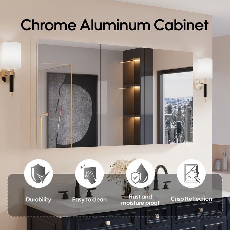 56 in. ×30 in. Copper-Free Tri-Views Mirror Medicine Cabinet with Adjustable Shelves and 3 Doors