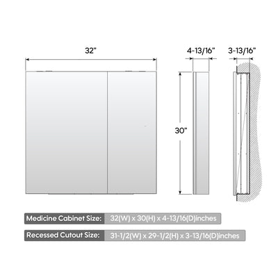 32 in. x 30 in. Copper-Free Tri-Views Mirror Medicine Cabinet with Adjustable Shelves and Dual Swing Doors
