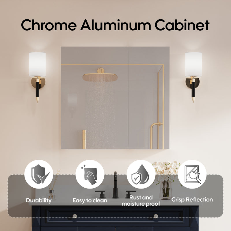 32 in. x 30 in. Copper-Free Tri-Views Mirror Medicine Cabinet with Adjustable Shelves and Dual Swing Doors