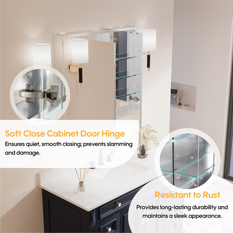 32 in. x 30 in. Copper-Free Tri-Views Mirror Medicine Cabinet with Adjustable Shelves and Dual Swing Doors