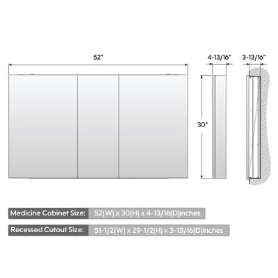 52 in. x30 in. Copper-Free Tri-Views Mirror Medicine Cabinet with Adjustable Shelves and 3 Doors