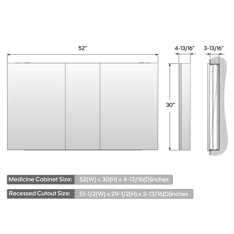 52 in. x30 in. Copper-Free Tri-Views Mirror Medicine Cabinet with Adjustable Shelves and 3 Doors