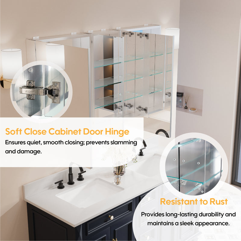 52 in. x30 in. Copper-Free Tri-Views Mirror Medicine Cabinet with Adjustable Shelves and 3 Doors