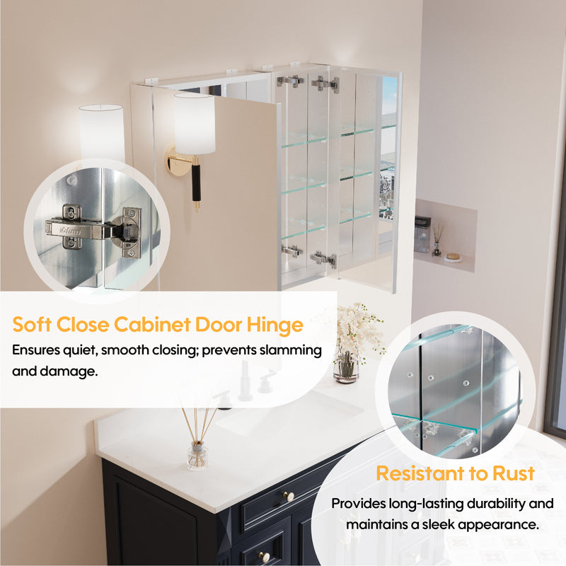 32 in. x 30 in. Copper-Free Tri-Views Mirror Medicine Cabinet with Adjustable Shelves and Dual Swing Doors