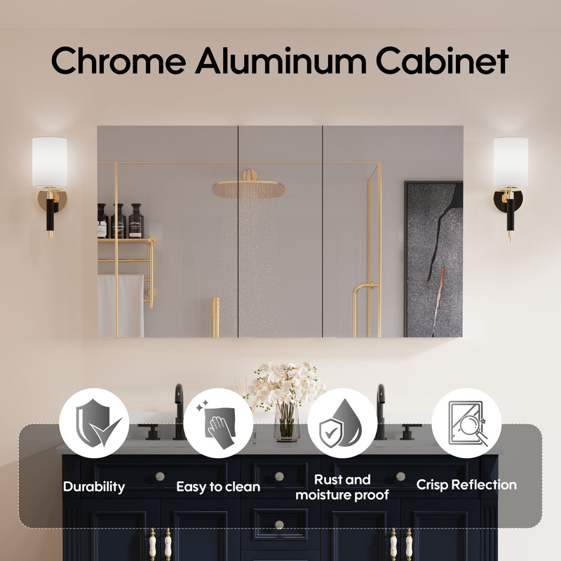 52 in. x30 in. Copper-Free Tri-Views Mirror Medicine Cabinet with Adjustable Shelves and 3 Doors