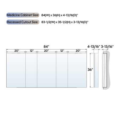 84 in. ×36 in. Copper-Free Tri-Views Mirror Medicine Cabinet with Adjustable Shelves and 5 Swing Doors